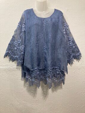 Feratelli Tunic Top Embroidered Lace Aplique Sheer Panel Over Blue Lagenlook XL
